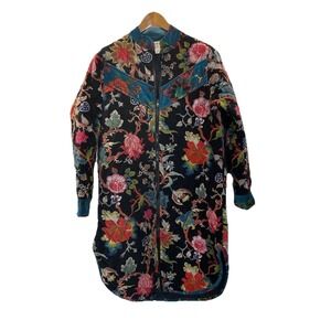 Velvet Quilted Coat Black Floral Boho Festival Long Jacket Size M/L Hippie Artsy